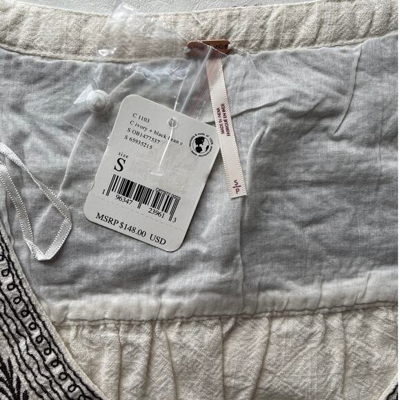New Free People Iggie Embroidered Top in Ivory & Black Bean Combo Women's Size S - Picture 6 of 10
